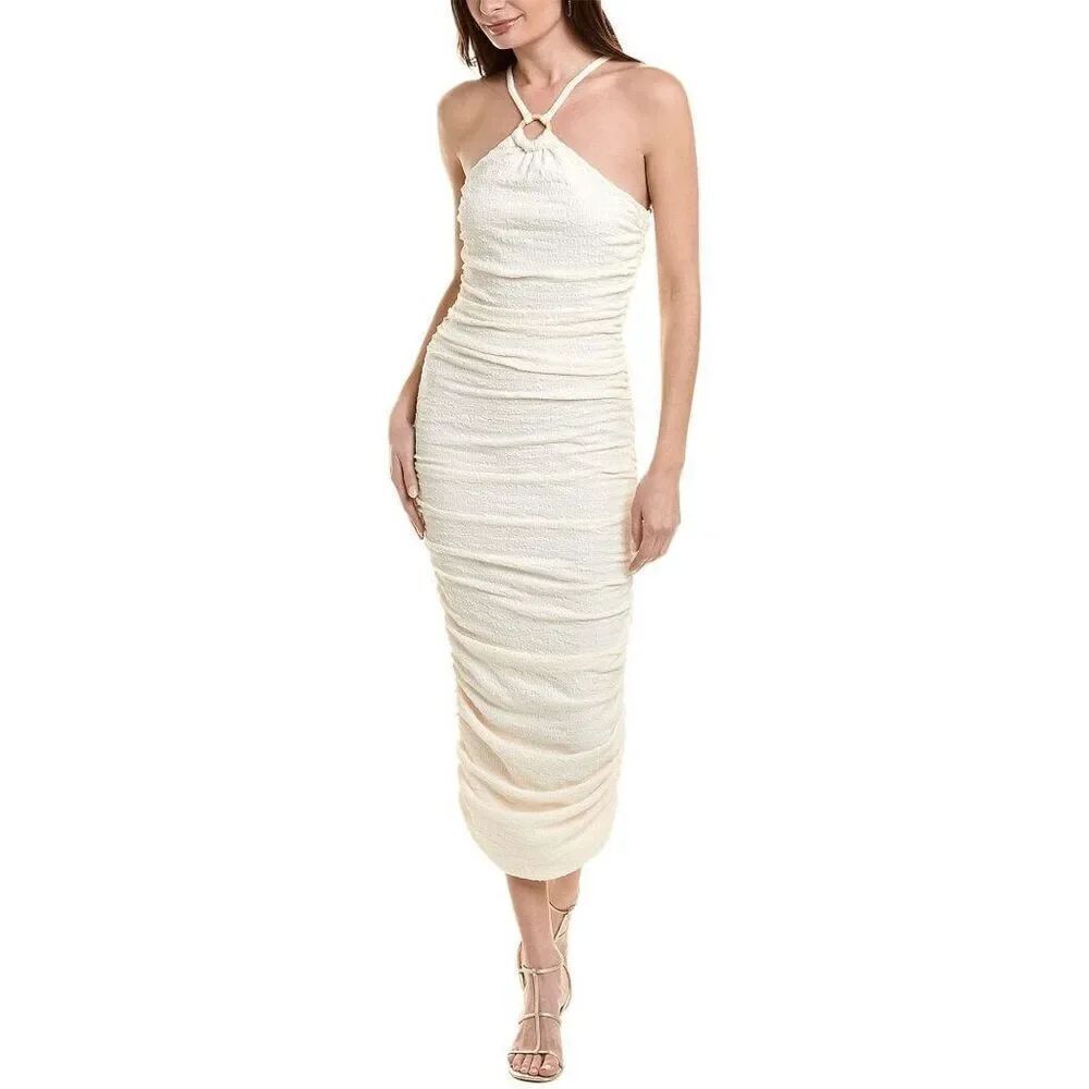 LIKELY women's Size 10 Carmona Midi Dress Ruched Ivory Cream Bodycon Halter Top